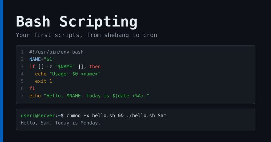 Bash scripting guide with a disk usage alert script shown in a code editor