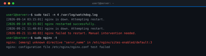 Watchdog log showing a successful nginx restart and a failed one, with nginx -t revealing a config error