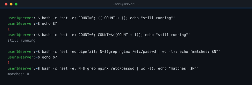 Terminal showing set -e exiting on (( COUNT++ )) and pipefail exiting when grep finds no match